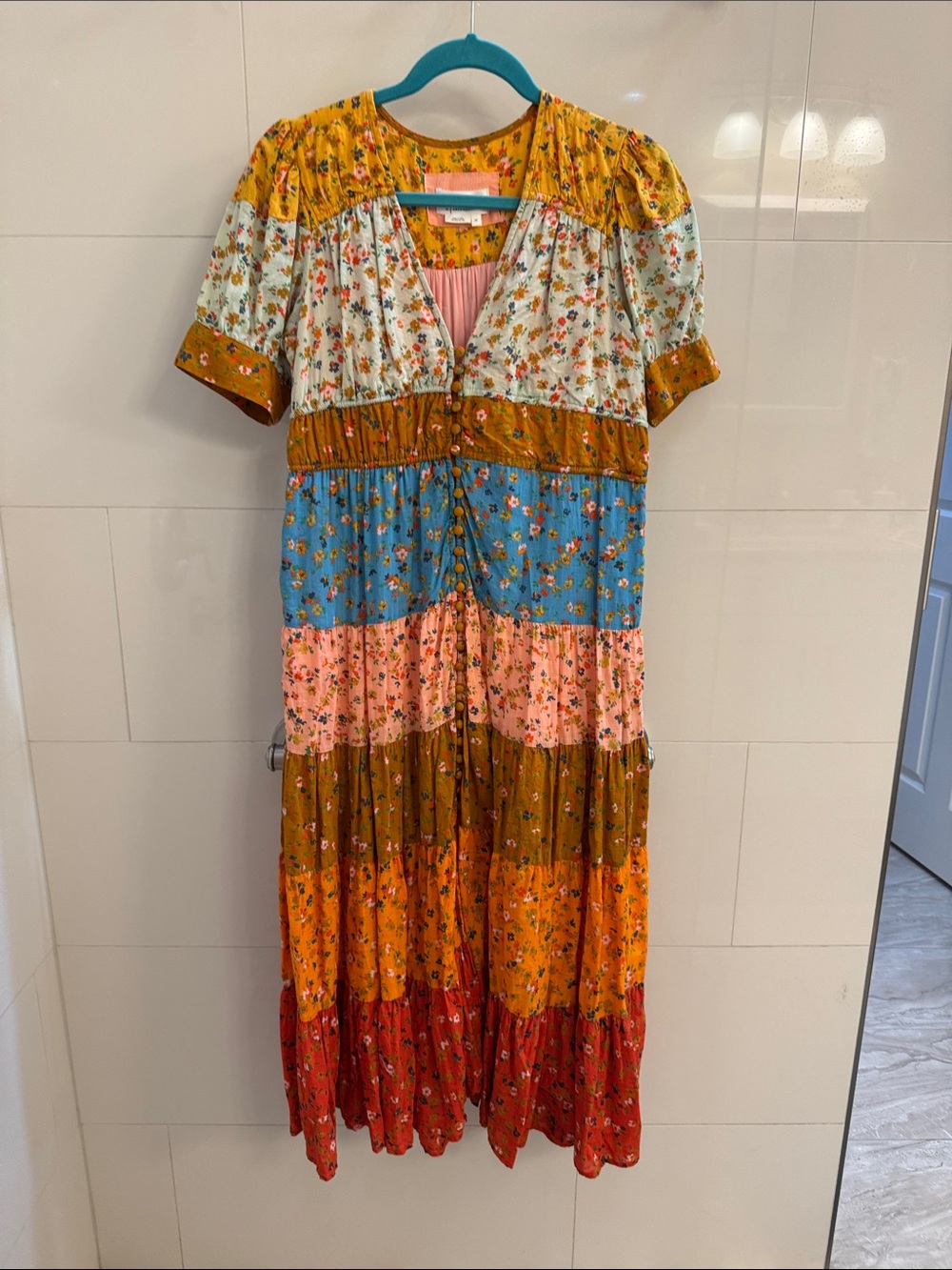 Anthropologie Multi-Panel Floral Tiered Midi Dress in Mustard, Blue, Pink